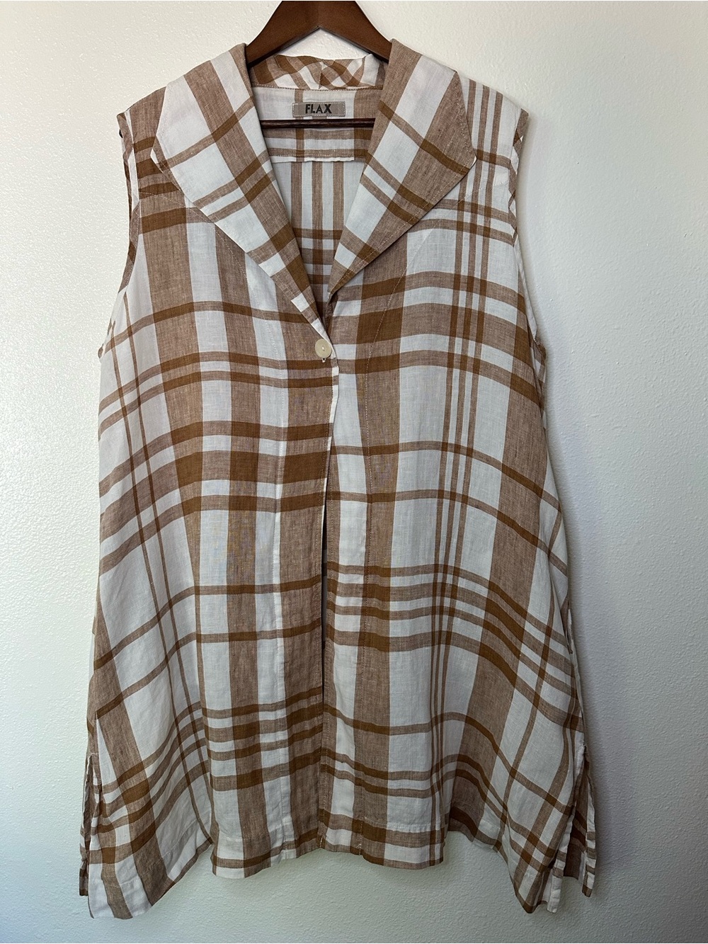 Flax Sleeveless Linen Plaid Tunic in Brown and White